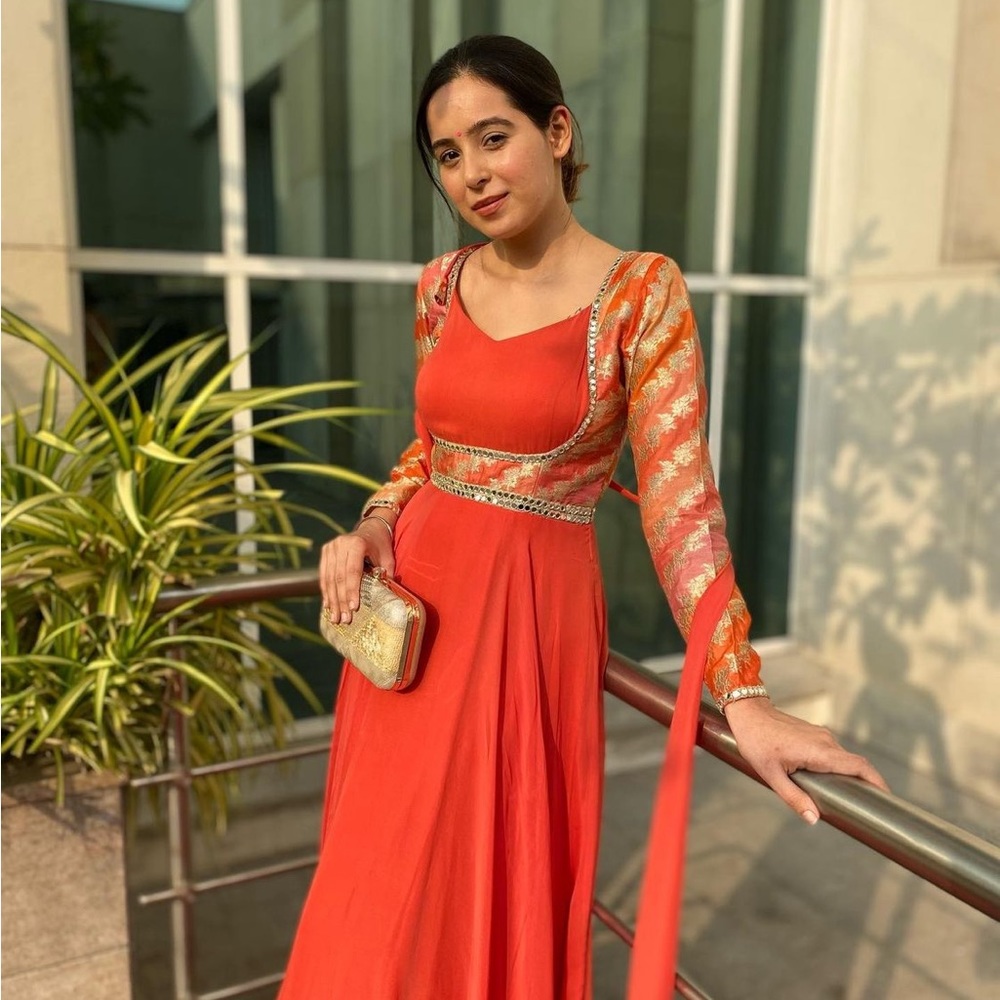 Rust Orange Anarkali With Multicolor Broacade Bod… - image 2